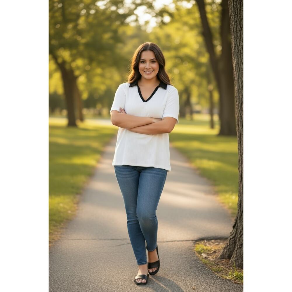 AVA & VIV Black & White Contrast Collar Blouse Top XXL NWT Chic Minimal - Picture 2 of 7